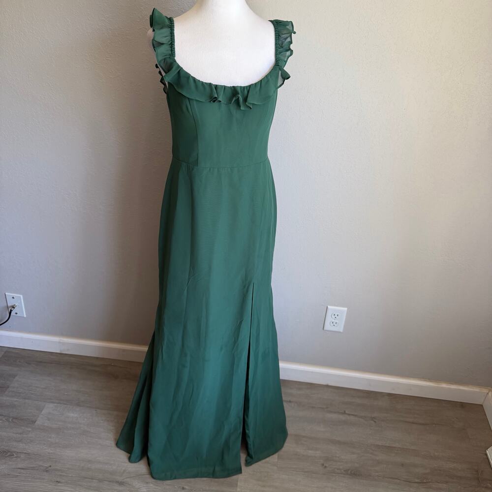 Azazie Callie Green Chiffon Ruffled Neckline Side Slit Bridesmaid Dress Womens 6